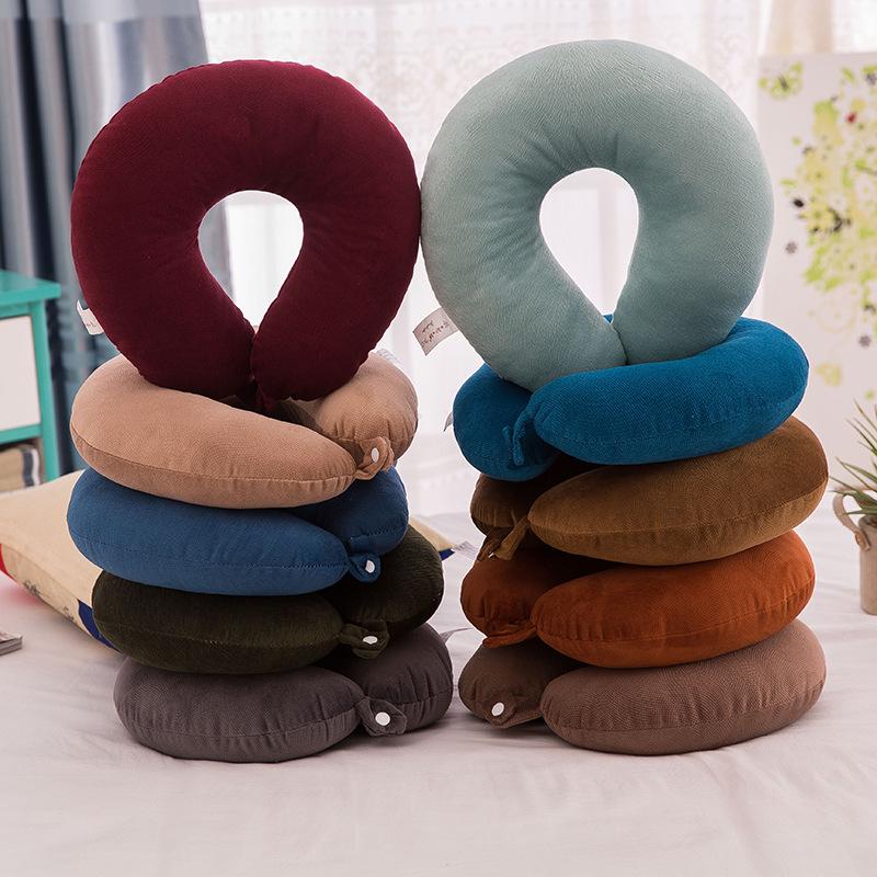 Solid Color U-Shaped Plush Travel Pillow - Memory Foam Neck Support with Logo Button, Ideal for Company Gifts