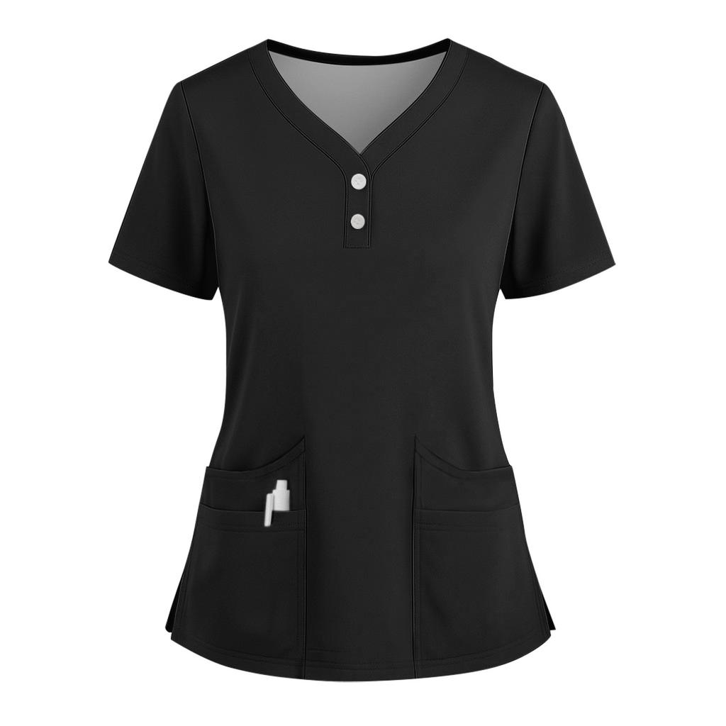 Women's Short Sleeved Solid Color V-neck Buttonable Side Slit Top T-shirt