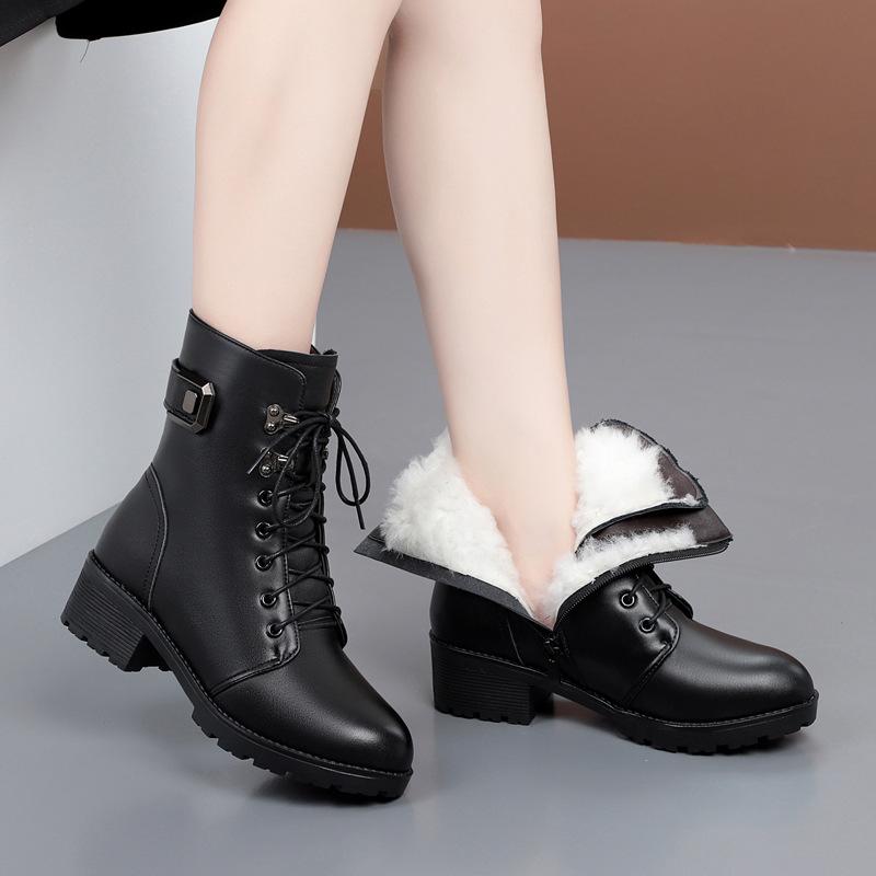 Women's Simulated Leather Ankle Boots Platform, Winter and Autumn Plush Warm Shoes, Plus Size Lace Up 35-43