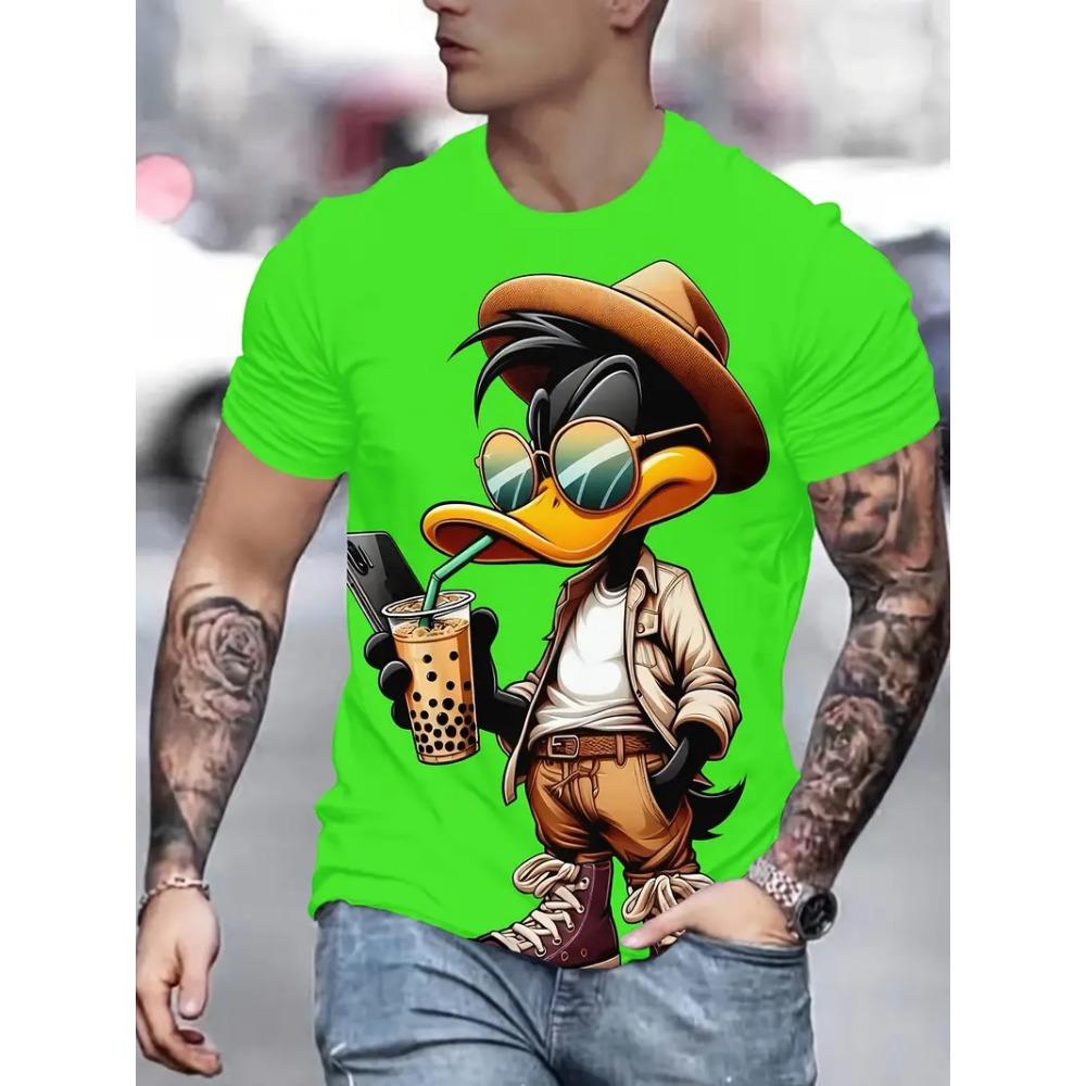 Zabawna kreskówka kaczka pijąca mleko herbata 3D drukowana męska koszulka moda swobodna okrągły dekolt krótki rękaw sportowa swobodna męska odzież