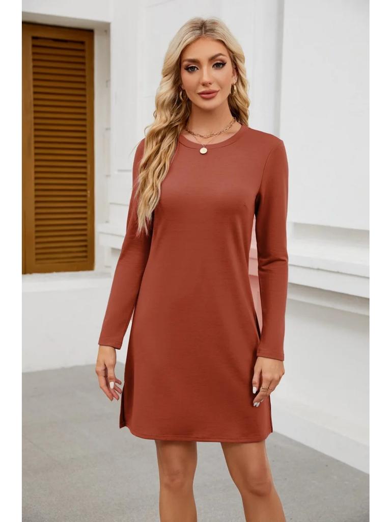 Damen Rundhalsausschnitt Saum Schlitz Sweatshirt Langarm Freizeitkleid