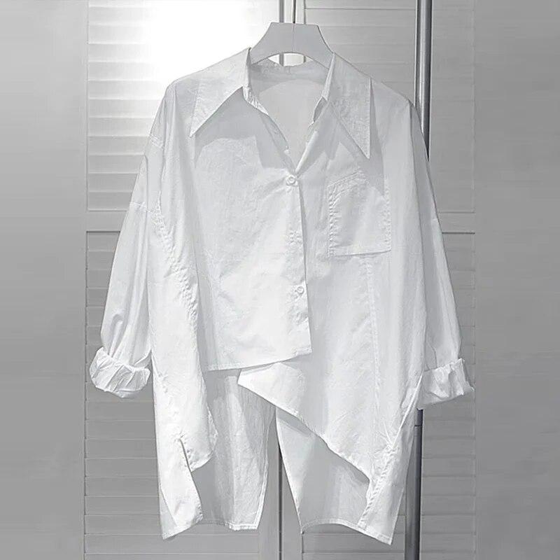 Manches longues irrégulière femmes chemise printemps automne col rabattu Simple blanc Blouse hauts à la mode vêtements amples Blusas 29947