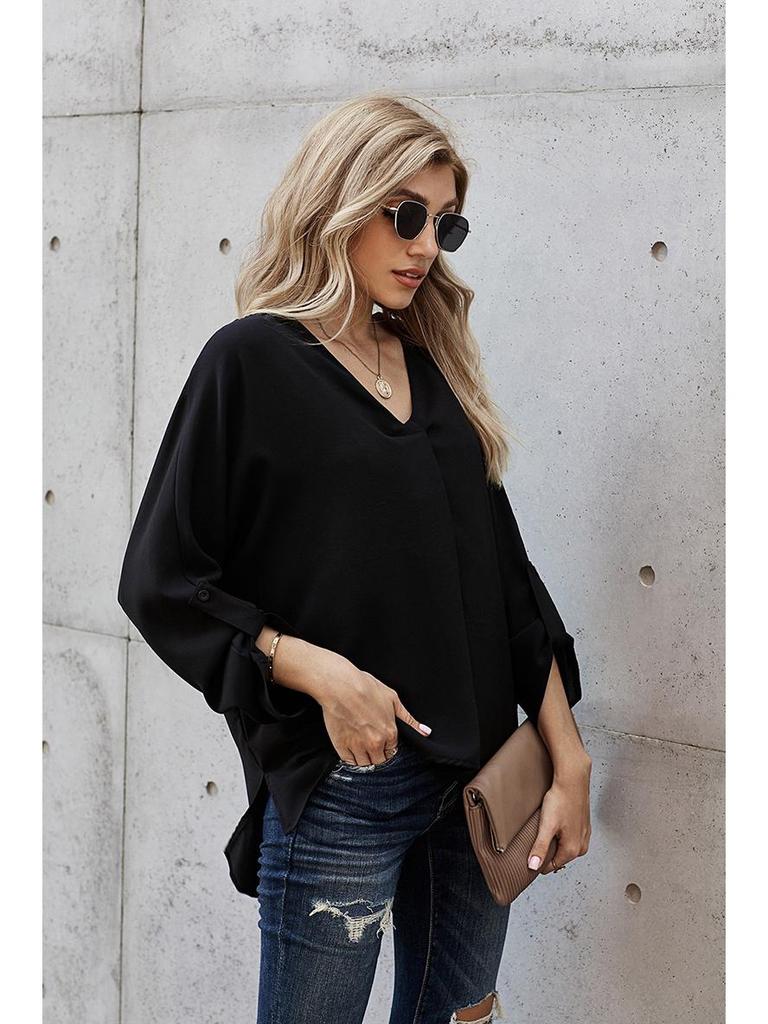 Plus Size Women's Loose Irregular V-Neck Long-Sleeve Top