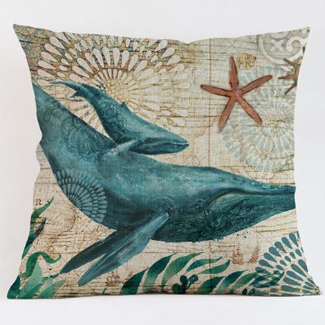 Blue Ocean Whale Turtles Sofa Decorative Pillow Case Water Color Octopus Little Fish Cotton Linen Chair Cushion Cover Cojines
