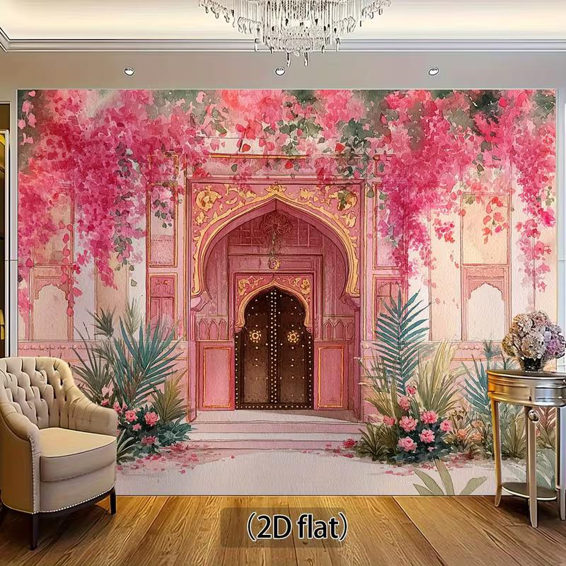Traditional Mughal 2D Backdrop, Pink Temple Door with Bougainvillea Photo Background