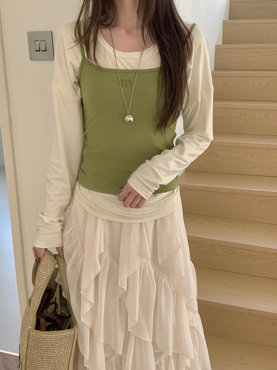 Vision 2026 Spring Women s Korean Style Color Block Layered Camisole & Long Sleeve T-shirt Set Small