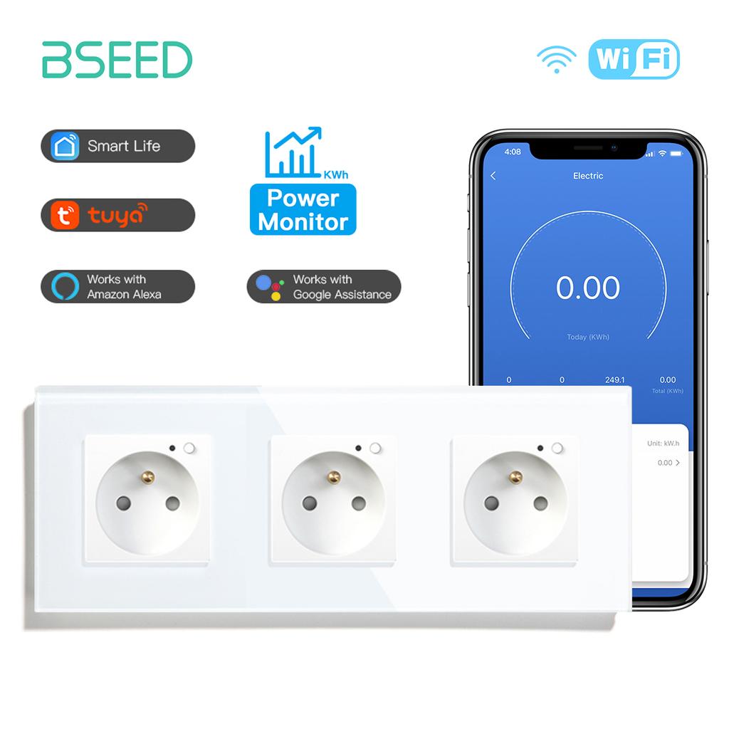 BSEED Single Wifi French Socket Double Power Monitor Wall Sockets Triple Smart Outlets Glass Frame Tuya Smart Life Control