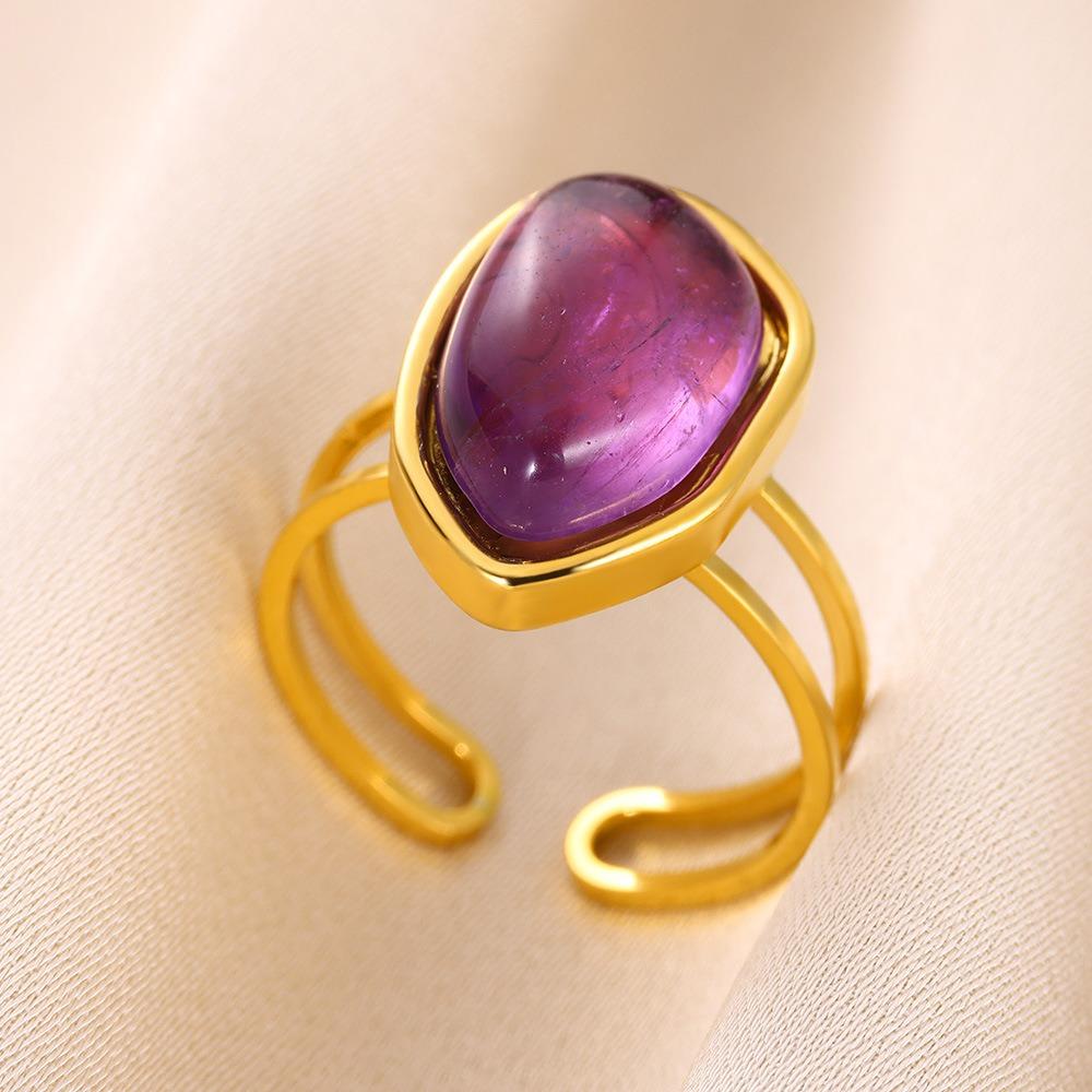 Temperament Retro Geometry Water Drop Natural Stone Stainless Steel Double Layer Adjustable Opening Rings for Women Jewelry Gift