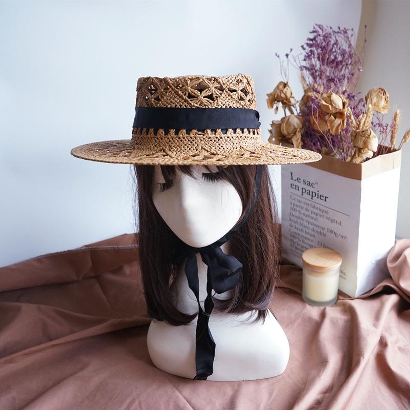 Japan Japanese French Retro Hollow Flower White Flat Top Top Hat Women'S Summer Sunshade Vacation Beach Straw Hat Outing