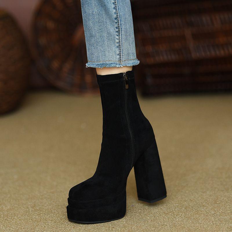 Fashion Footwear Chunky Women's Ankle Boots Very High Heels Booties Heeled Short Shoes For Woman Suede Platform Sock With Young On Sale