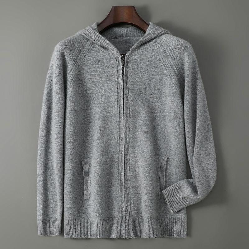 Herren Kapuzen-Reißverschluss-Strickjacke aus reiner Wolle - Dicker Strickpullover-Mantel für Freizeit oder Business