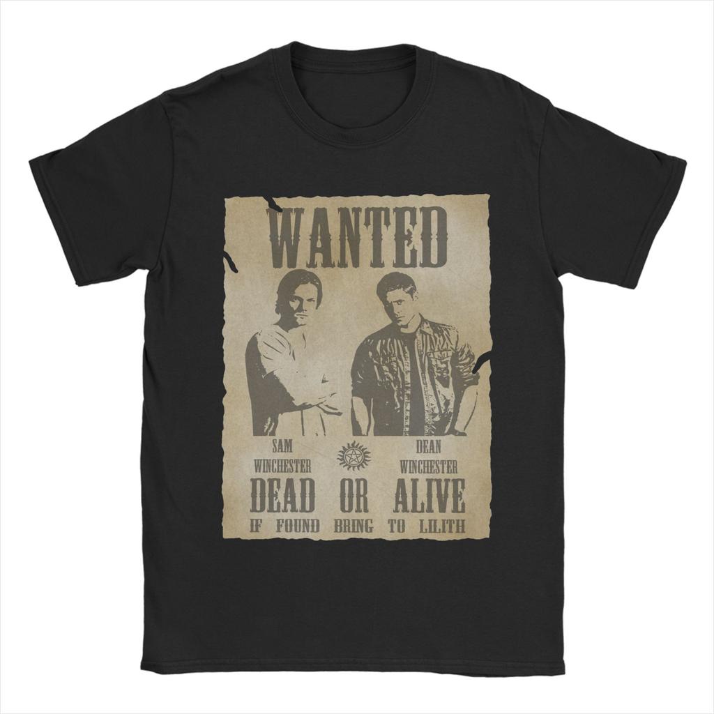 Men TShirts Supernatural Wanted Dead or Alive Humor 100 Cotton Tees Short Sleeve Winchester T Shirt Crew Neck Clothes Original