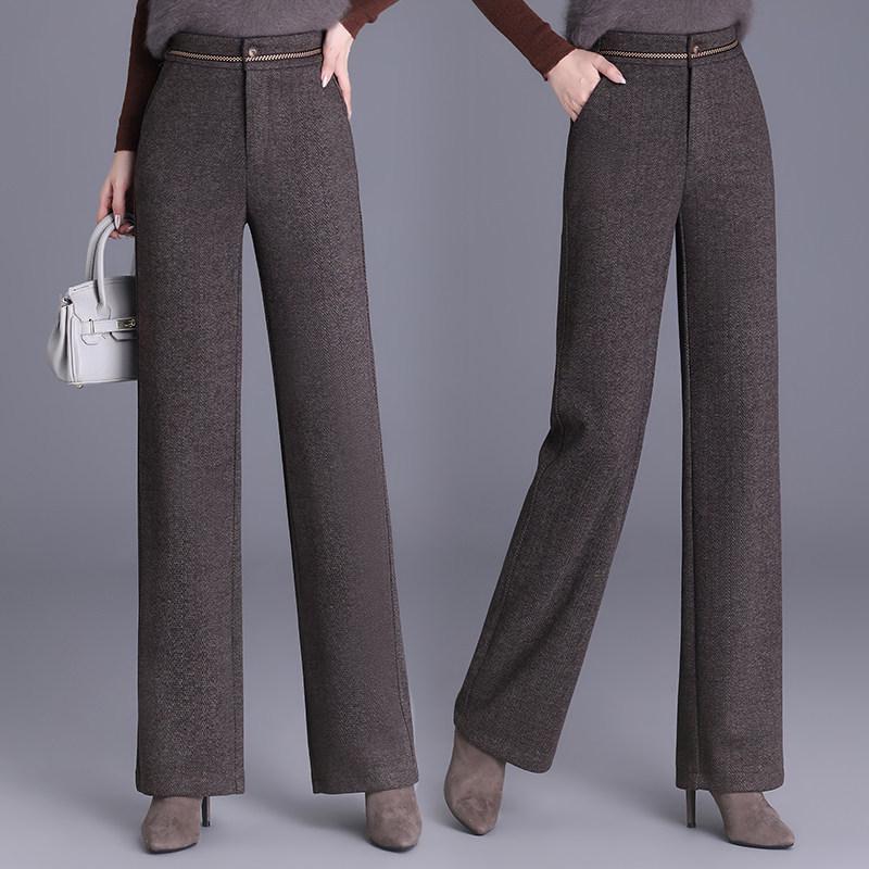 Women's Woolen High-Waisted Wide-Leg Pants - Versatile Spring/Autumn Style, Thickened with Elastic Back, Straight-Leg Trousers