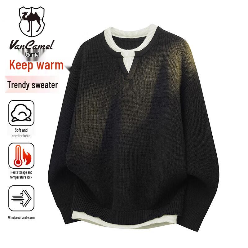 VANCAMEL Men s Round Neck Faux Two-Piece Knit Sweater 3XL
