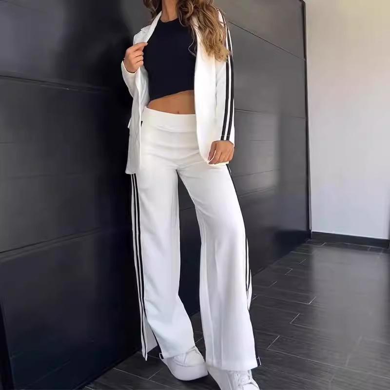 Women's set autumn and winter casual long-sleeved lapel striped blazer and straight pants two-piece set