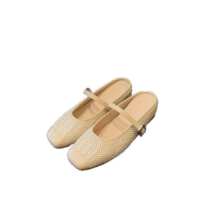Straw square head cool slippers women's summer wear 2025 new holiday wind lazy one pedal bag head Muller half slippers