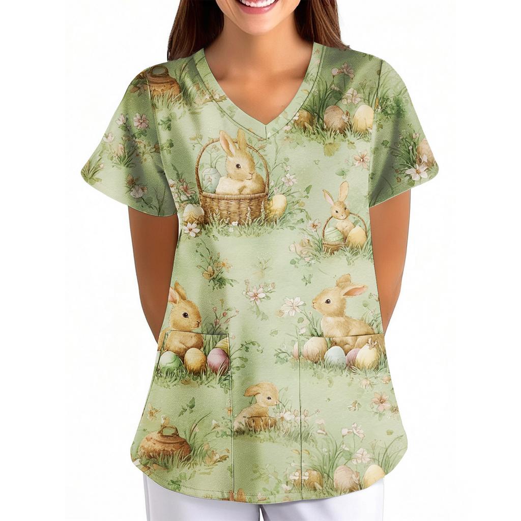 T-shirt à imprimé de Pâques pour femme, ample, col en V, avec poche, manches courtes, pour soignant/Uniforme