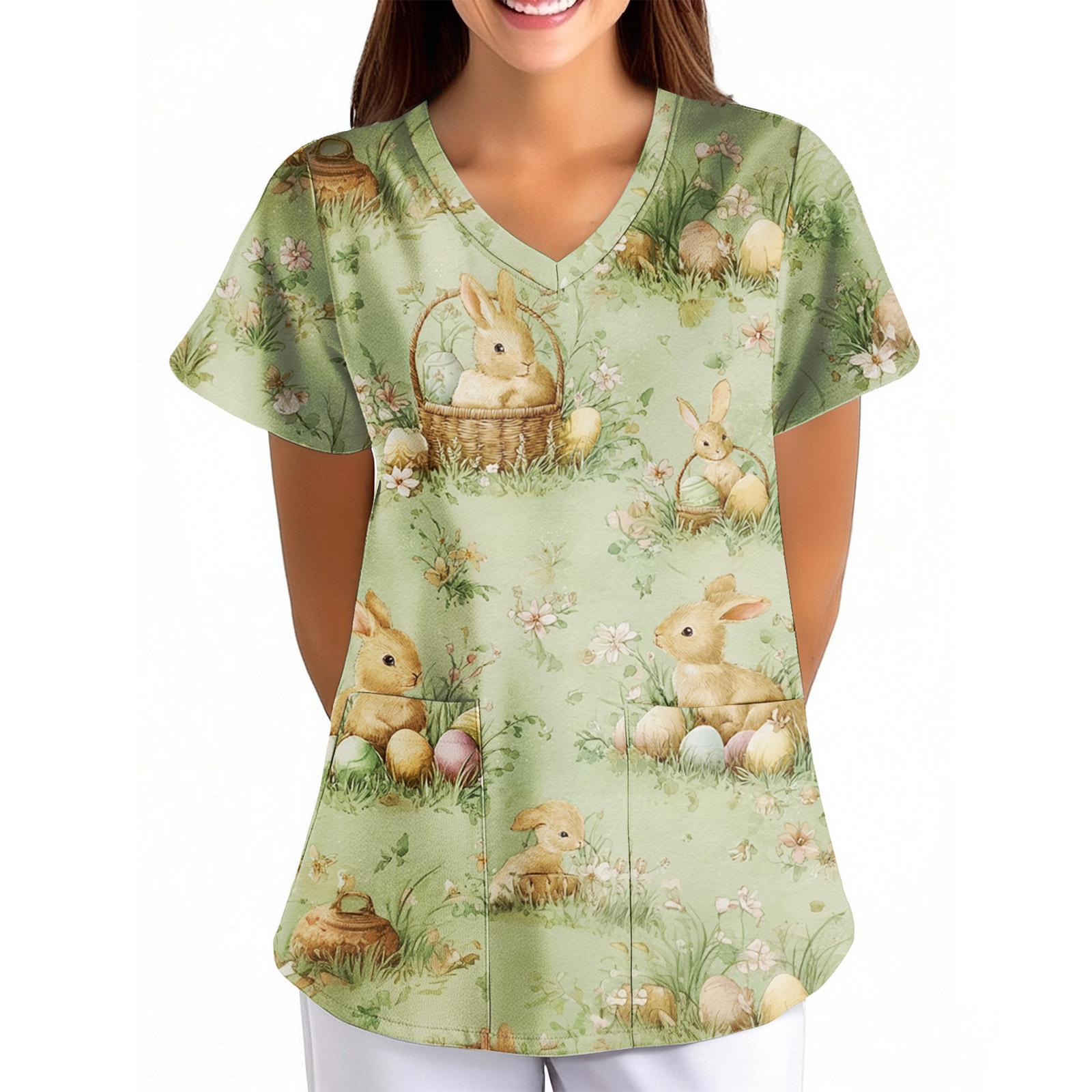 

Women s Easter Print Loose V-Neck Pocket Short-Sleeve Caregiver/ Uniform XL