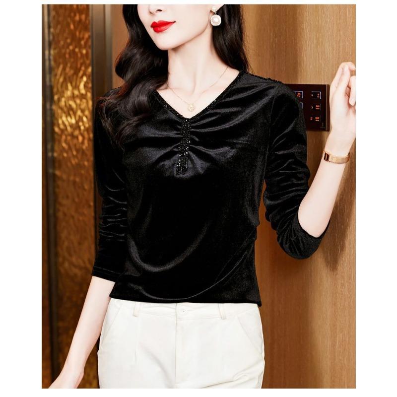 Velvet V-neck Spring and Autumn New Long-sleeved Tops Fashionable Tops for Women