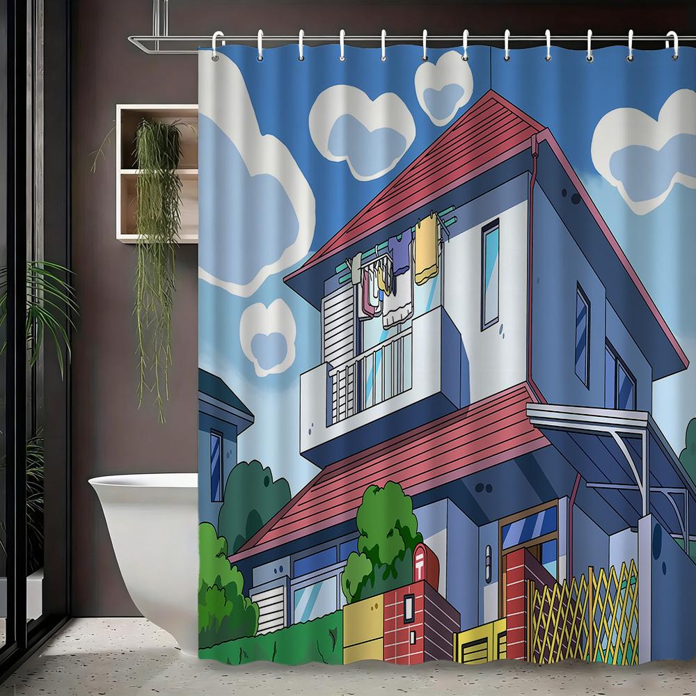Crayon Shin-chan & Friends with Shiro 2D Print Waterproof Shower Curtain, Green Anime Bathroom Decor with Hooks