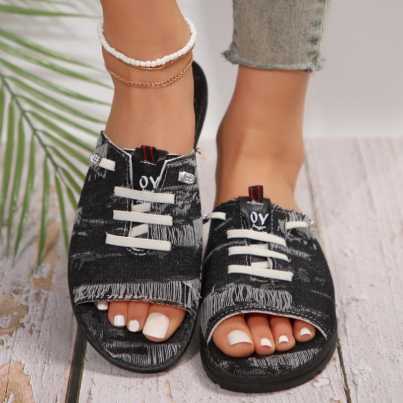 Women's Slippers Fashion Lace Up Flat Denim Beach Fish Mouth Shoes Casual Design Comfortable Femme Zapatillas Plus Size 36~43