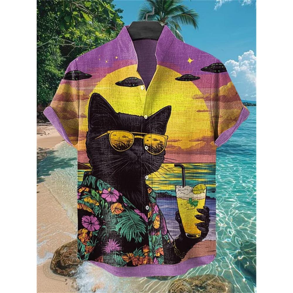 Men's Street Style Short-sleeved Shirt, Quirky Black Cat and Shark Print Casual Men's Top, Trendy and Fashionable Hawaiian Shirt