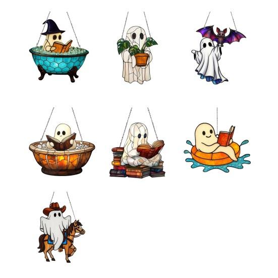 Halloween Reading Ghost Hanging Sign Wooden Bathing Cartoon Ghost Round Sign Indoor Outdoor Porch Door Hanger Wall Hanging Decoration