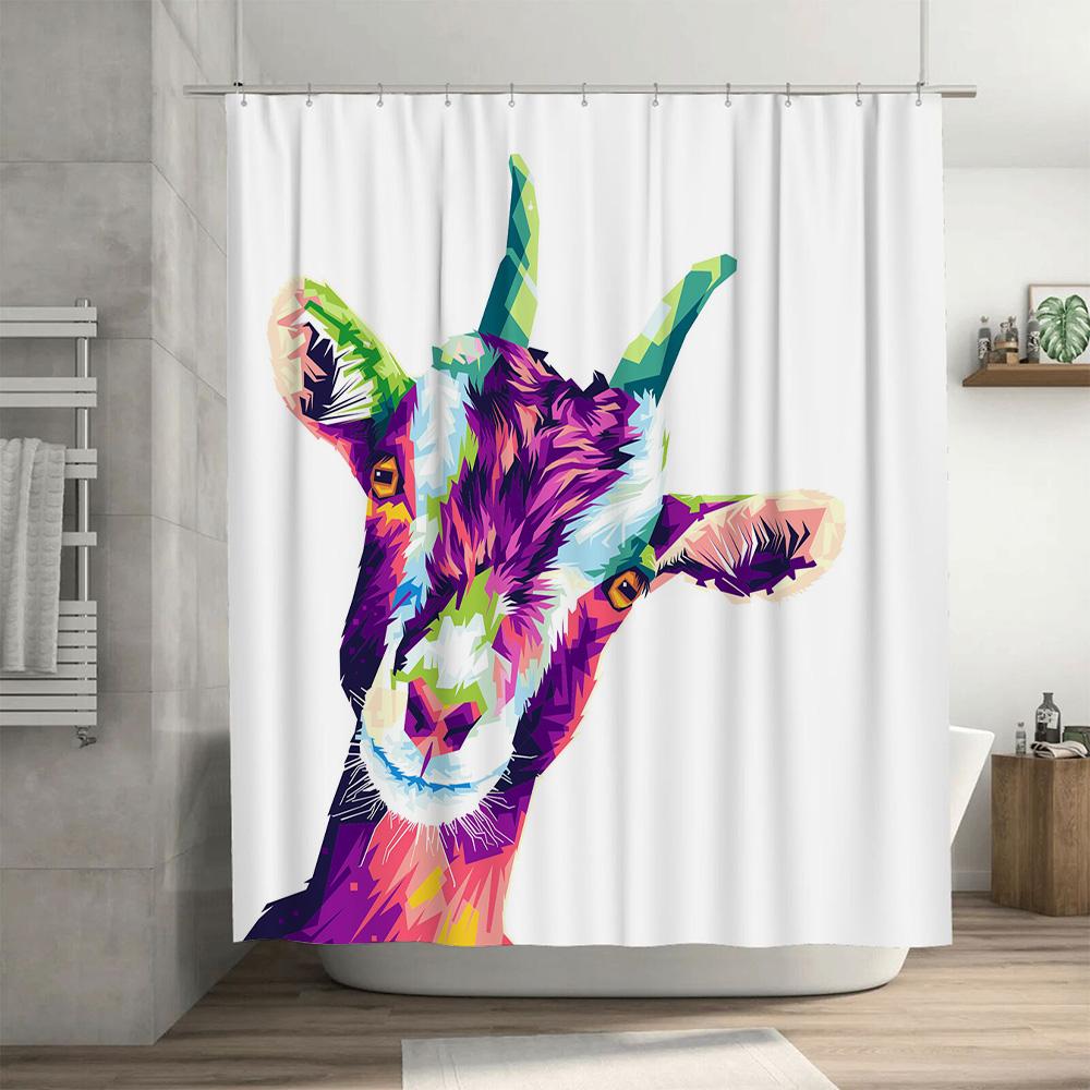 Vibrant Goat Shower Curtain Pop Art Wall Hanging Bathroom Decor Modern Rainbow Animal Print Linen Waterproof Shower Cover
