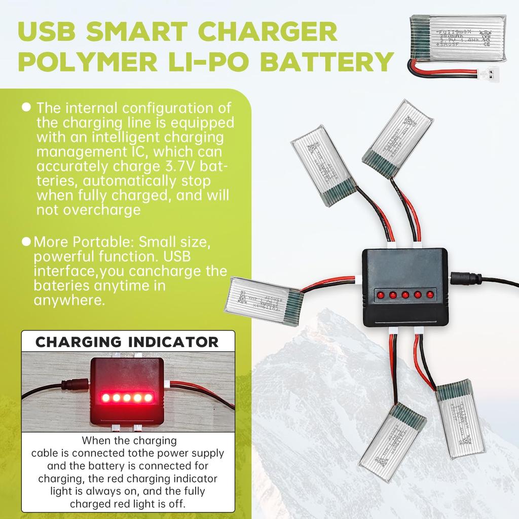 5PCS 3.7V 380mAh Lithium Battery Pack for Hubsan X4 H107C H107D, Syma Q11 X13 S39 HS170, TOZO Q2020 E016H, WLtoys V252 V966 V911S, XK A150 A100