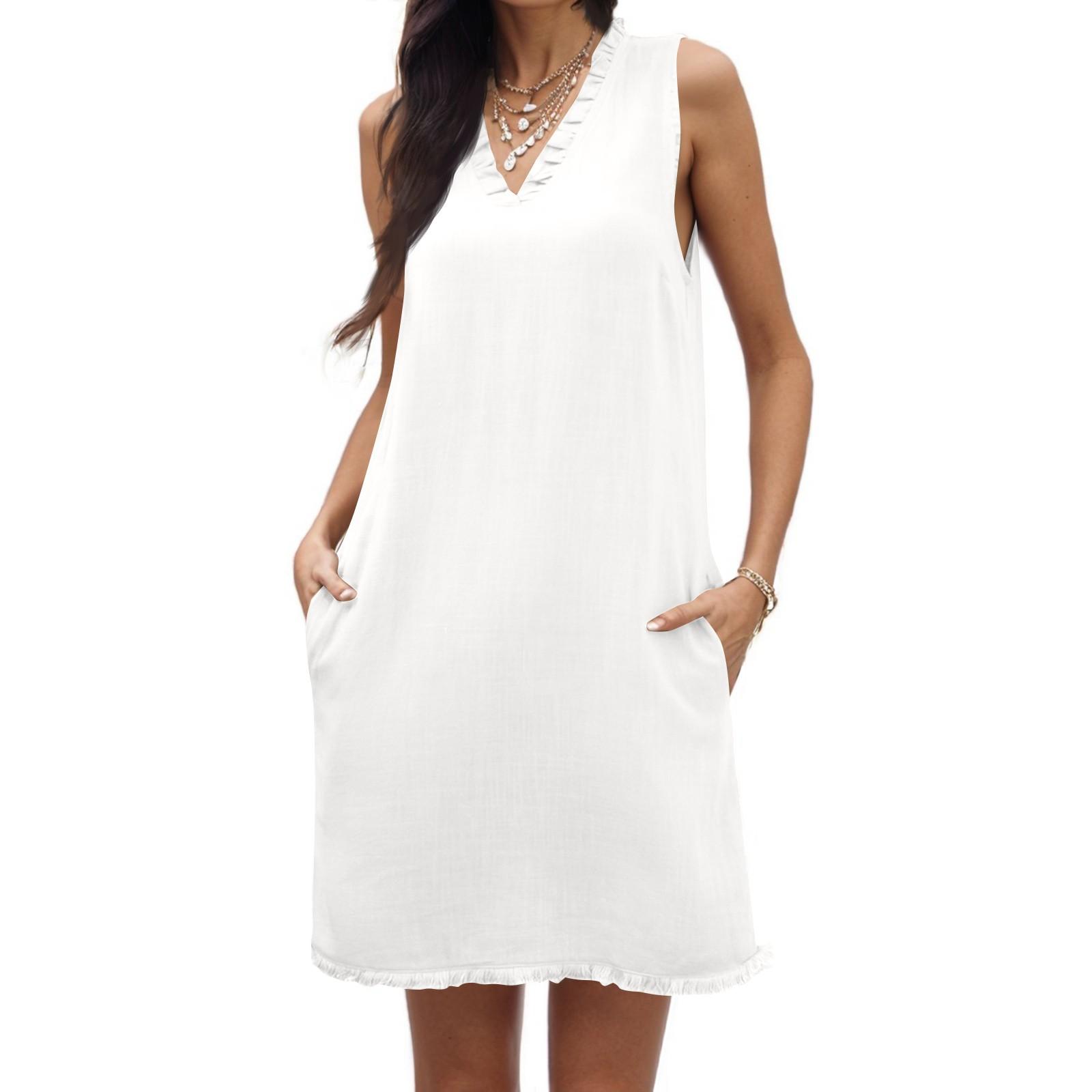 

Женское летнее платье повседневное без рукавов с оборками глубокий V-образный вырез с завязками на карманах XL белый