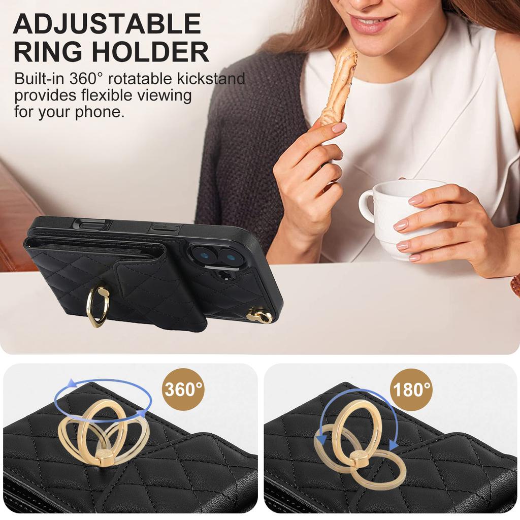 Pouzdro na iPhone 16 s kapsou na karty, kůže+TPU, crossbody kryt na telefon s kroužkem a stojánkem