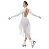 Ladies Ice Skating Dancewear Rhinestone Embellished Long Sleeve Backless Leotard with Tiered Tulle Ruffled Skirt Jumpsuit for Competition