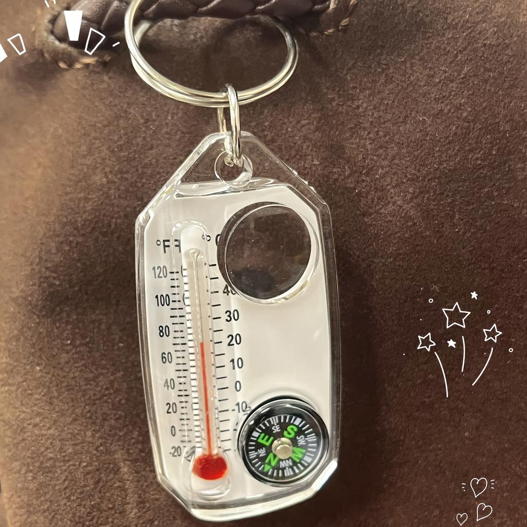 3 In1 Keychain with Thermometer, Compass, and Magnifying Glass - Portable Mini for Outdoor Adventures - Ideal for Hiking, Camping, and Traveling