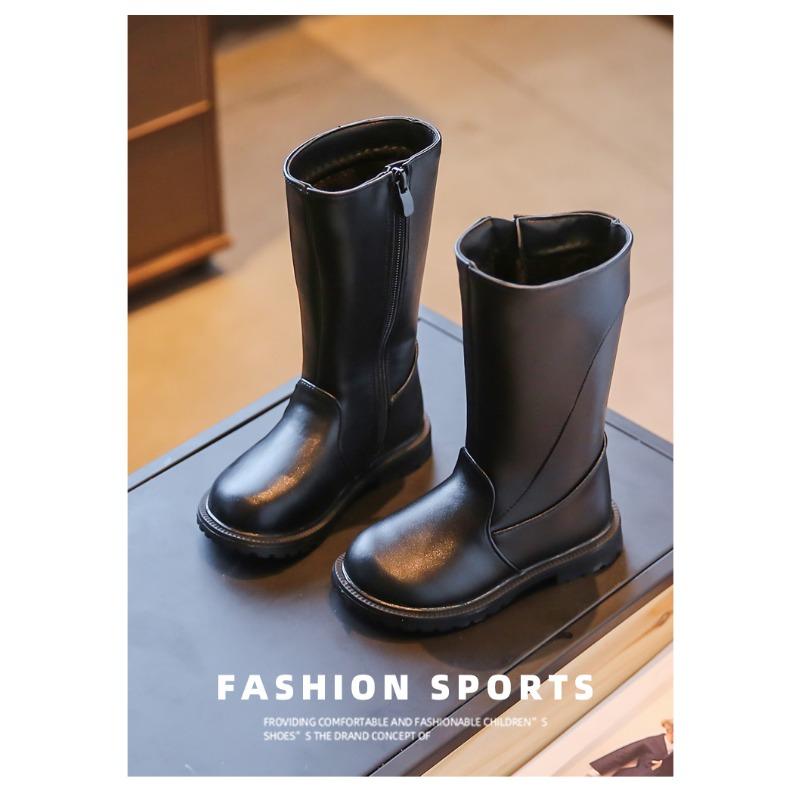Bottes en cuir simples pour enfants à la mode Bottes longues pour filles Bottes en cuir Bottes en coton chaudes en polaire