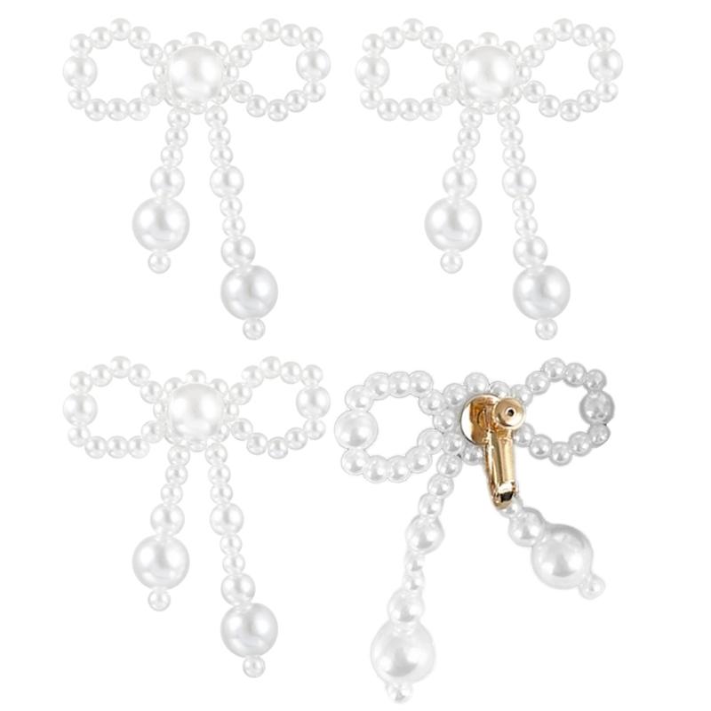 Fashionable Imitation Pearls Ear Clips Exquisite Pearls Beaded Bowknot Dangle Ear Studs for Daily Wear Dates Parties