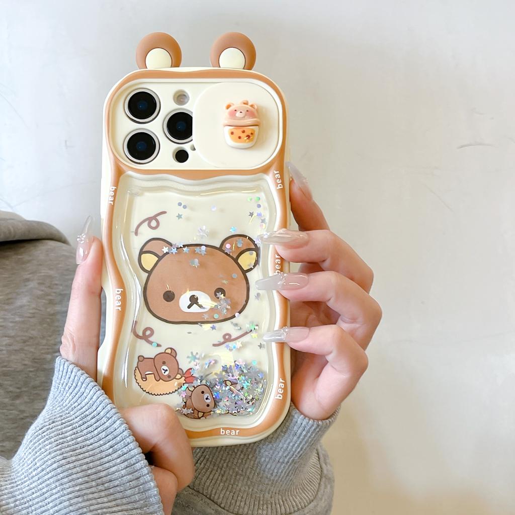 For iPhone 11 12 13 14 15 16 17 Pro Max Quicksand Ears Rilakkuma Sliding Window Protect Camera Case