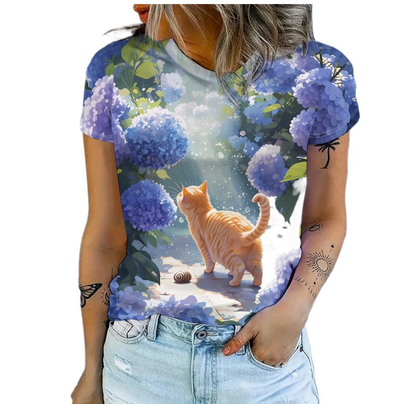Summer Fashionable Casual Round Neck Short Sleeved T-shirt Comfortable Breathable Cat Animal 3d Printed Loose Women's Commuter Versatile T-shirt
