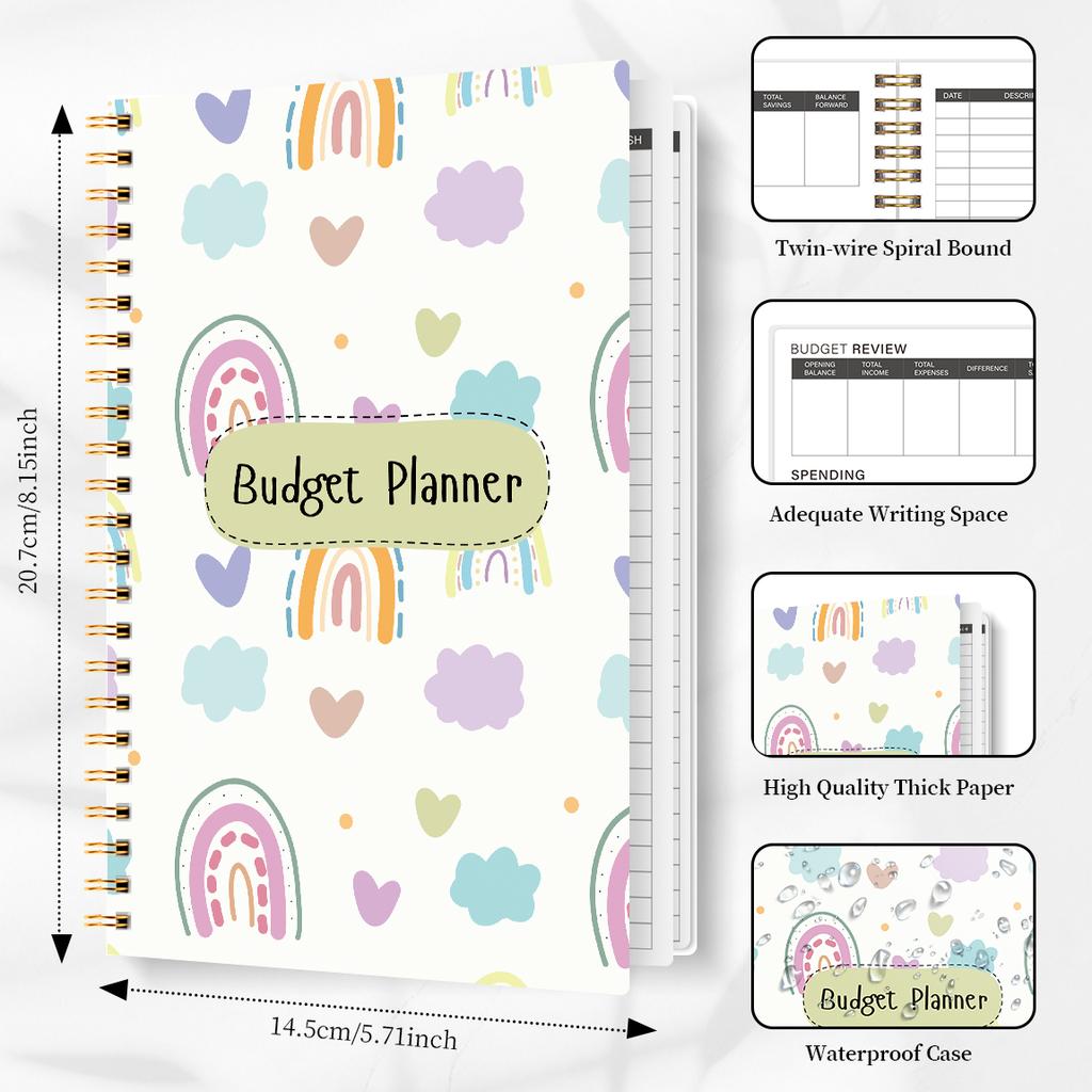1PC A5 Budget Planner Book with Pastel Rainbow Design, Monthly Expense Tracker, Spiral Binding, Thick No-Bleed Pages