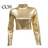 Club Crop Top Women Glossy Faux Leather Half-high Collar Solid Color Waist-exposed Long Sleeve Skinny Pullover Elastic Nightclub Stage Show