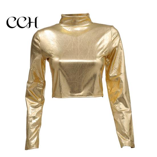 Club Crop Top Women Glossy Faux Leather Half-high Collar Solid Color Waist-exposed Long Sleeve Skinny Pullover Elastic Nightclub Stage Show