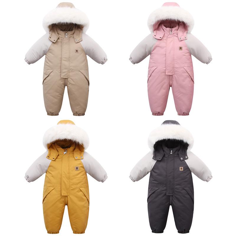 Winter-Plüschkragen Kinder-Strampler: Dicker, warmer, Kapuzen-Jumpsuit mit langen Ärmeln und Reißverschluss