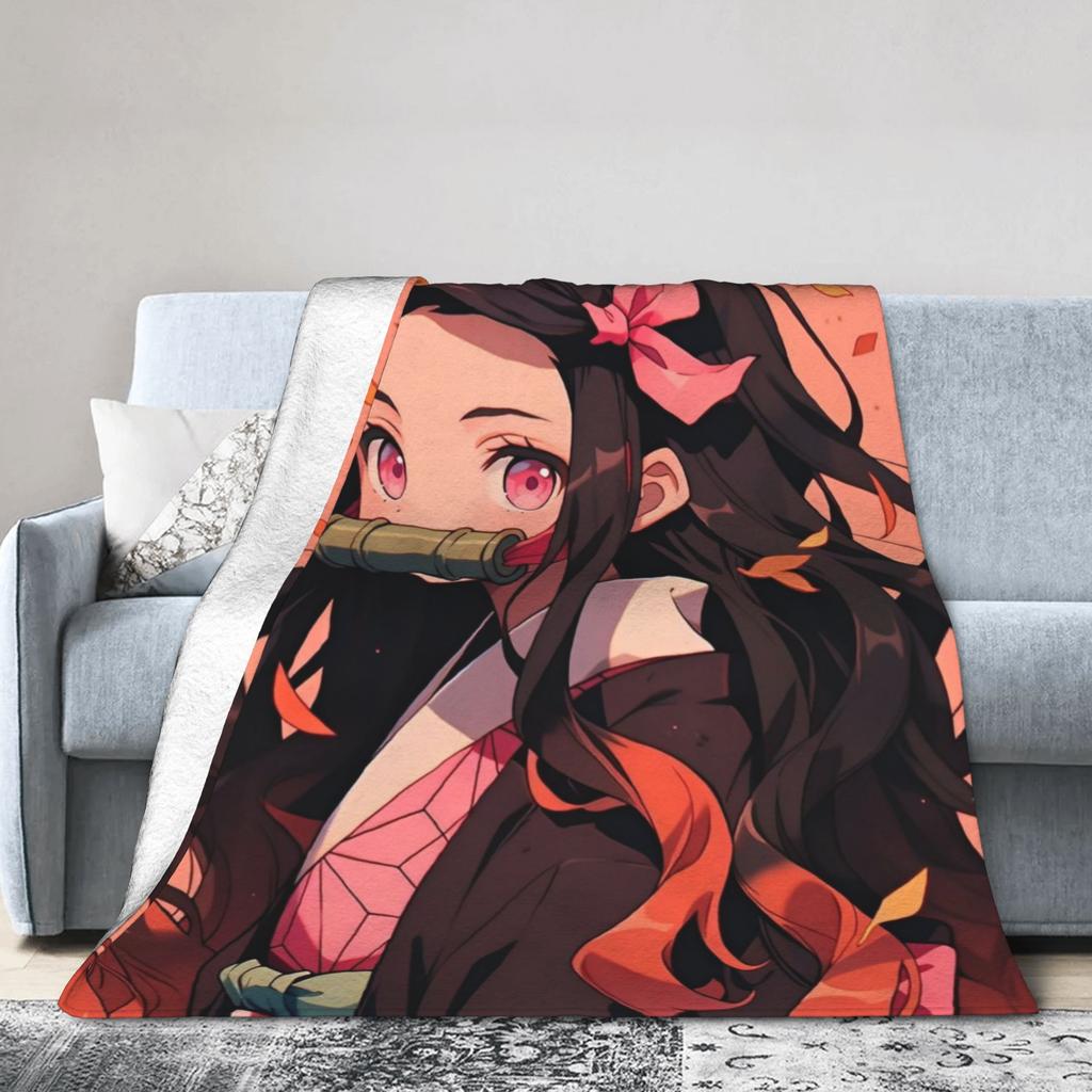 Kimetsu No Yaiba Kamado Nezuko Decken Anime Fleece Lustige Atmungsaktive Überwurfdecken für Bettwäsche Wohnzimmer Frühling Herbst