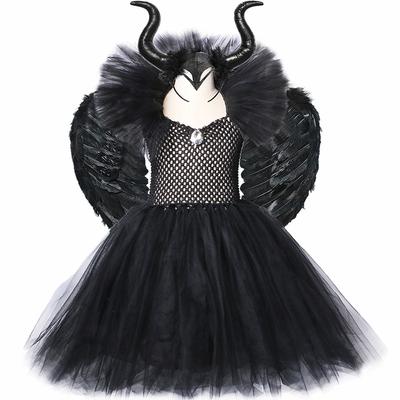 Girls Black Evil Tutu Dress Wings Dark Cosplay Carnival Halloween Costume Kids Fancy