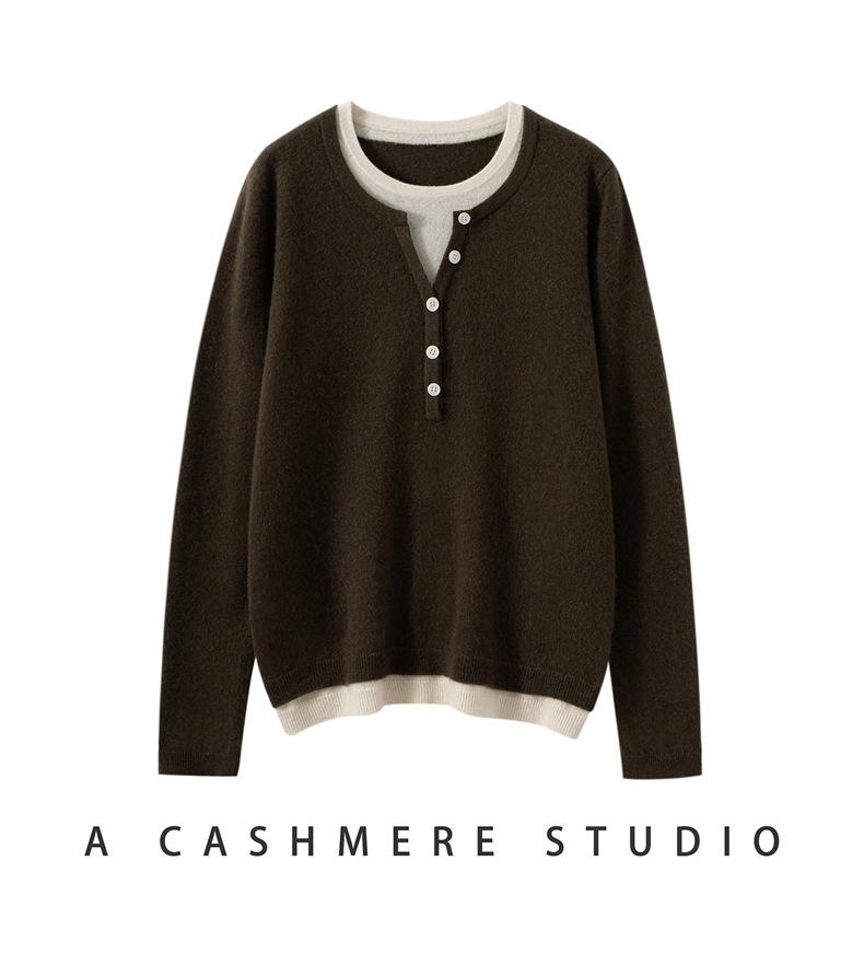 Autumn/Winter Women’s Color Block Cashmere Knit Layered Round Neck Pullover Sweater