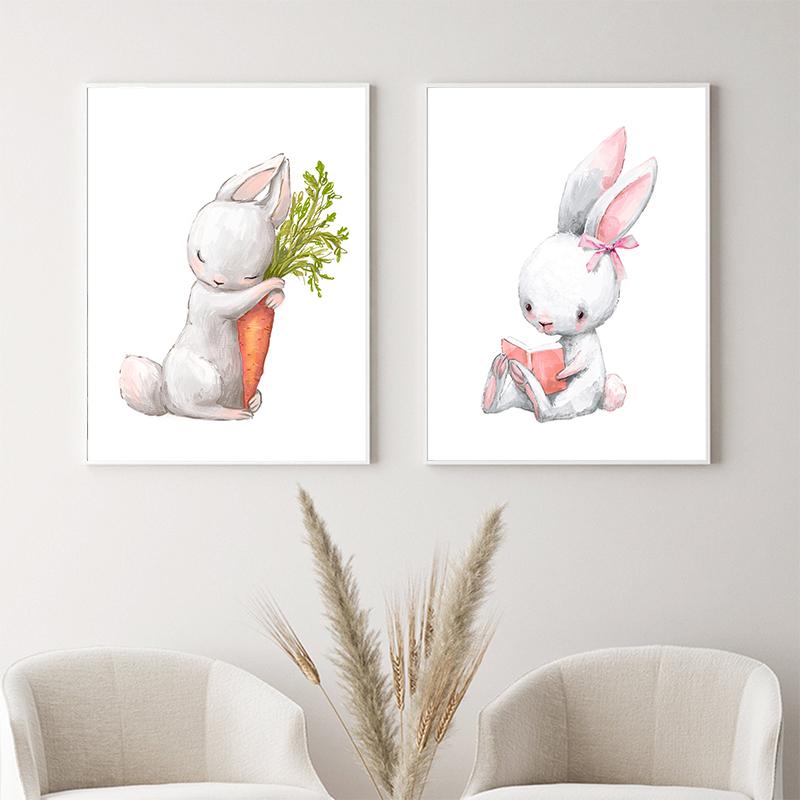 Diligent Bunny Watercolor Animal Cartoon Wall Art Canvas Painting Nordic Poster Pictures For Nursery Girl Bedroom Decor