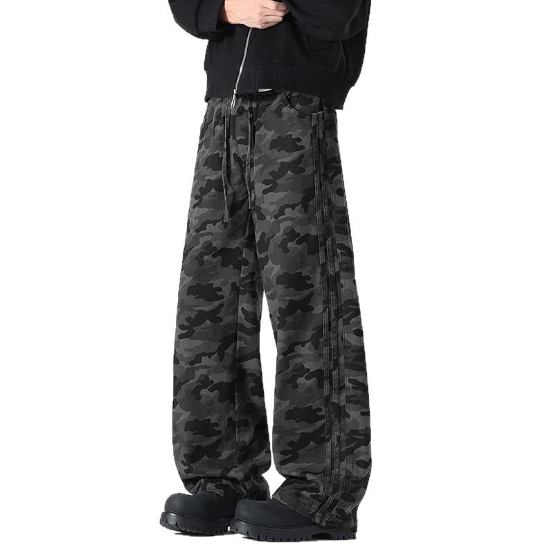 Drawstring Striped Camouflage Pants for Men Versatile American Loose Straight-leg Casual Pants