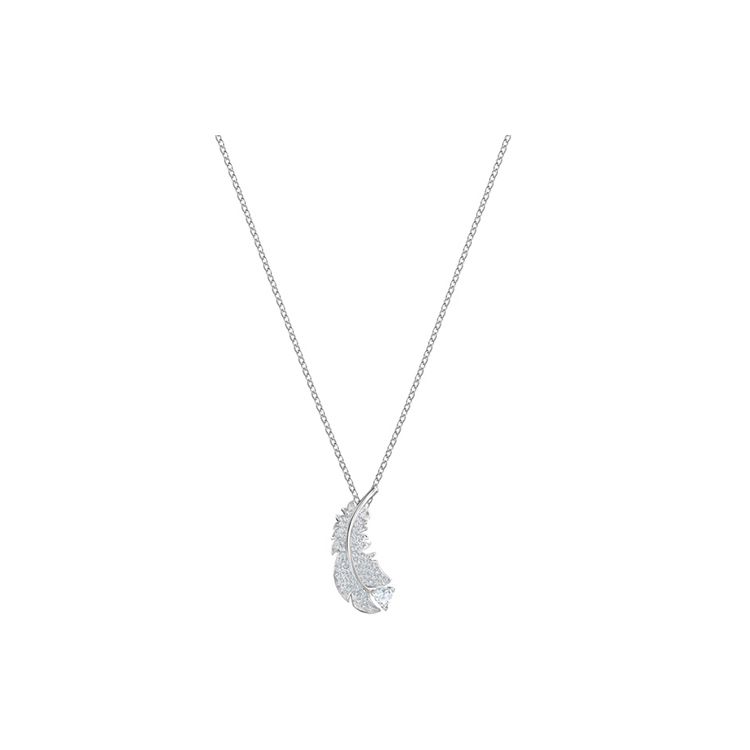 Swarovski Idyllia Nice Series Silver Large Feather Rhodium Plated Necklace Women necklace White 5482914 Box+Shopping Bag (Random Color)