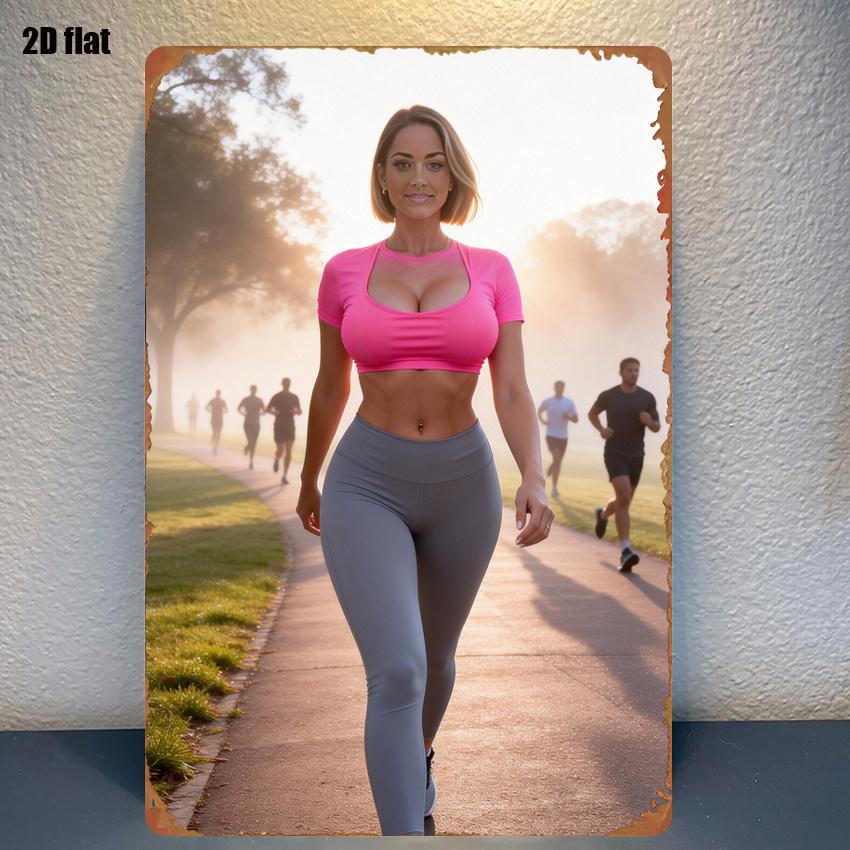 pc Metal Sign Featuring a Classic Design of a Woman Jogging in a Fitness Scene with Vibrant Colors Perfect for Decorating Bed 20x30cm(7.8x11.8inch)