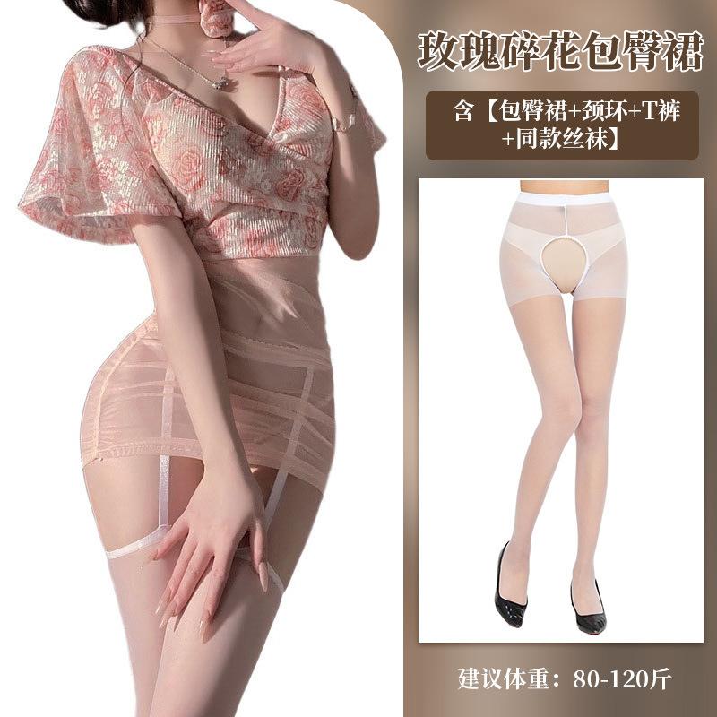 Sex Underwear Sexy Perspective, Deep V Floral Hip Skirt Rose Veil High Waist Tight Dress Set