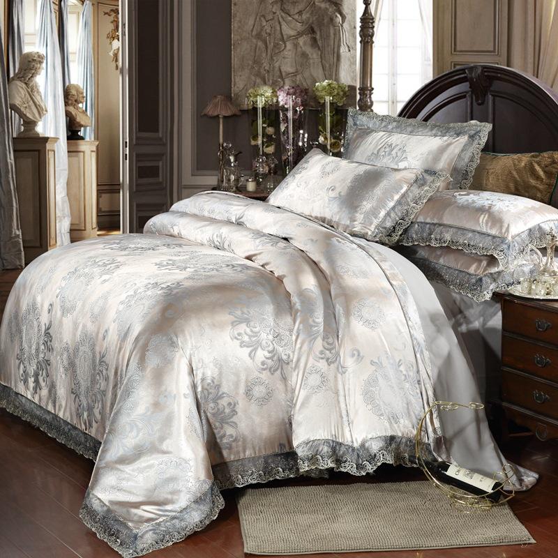 European Satin Jacquard Bedding Set - Lace-Trimmed, 4-Piece Set
